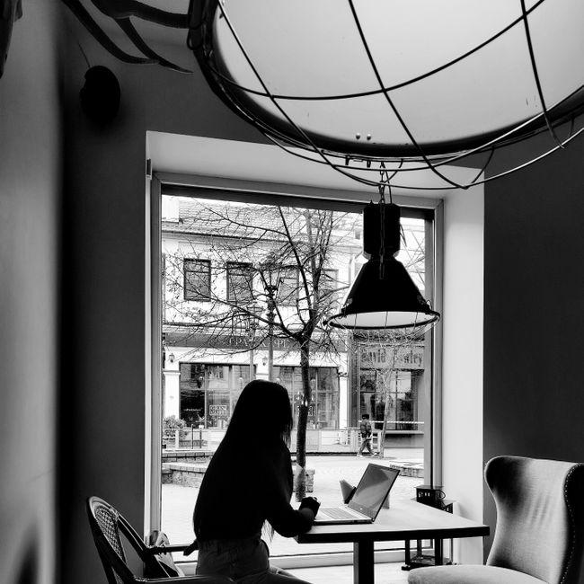 Personne travaillant sur son portable dans un café cosy.